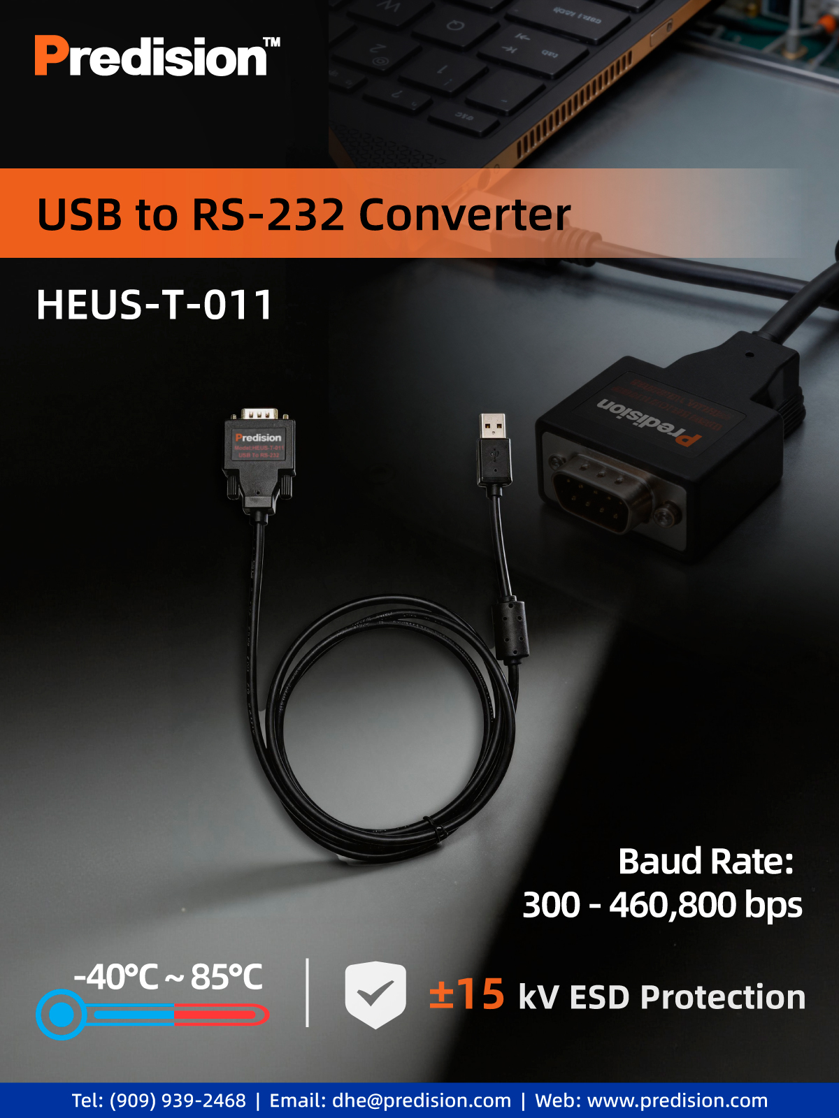 Industrial Isolated USB to RS232 Converter HEUS-T-013 with 3kV Isolation and 15kV ESD